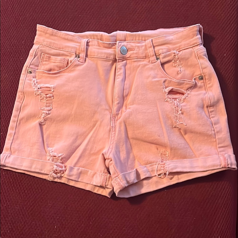 Salmon Peach High-Waisted Jean Shorts with Distressed Cuffs